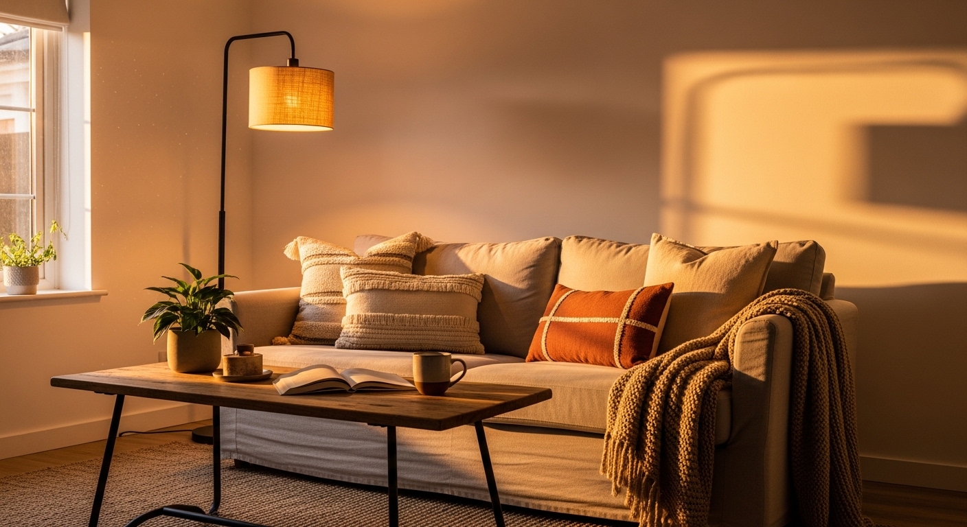 Two table lamps side by side in an Asheville living room, one with a soft white bulb and one with a warm white bulb, lit for comparison